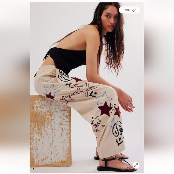 Free People Pants - Free People Aria Star Embroidered Star Cream Pants  XL- petite